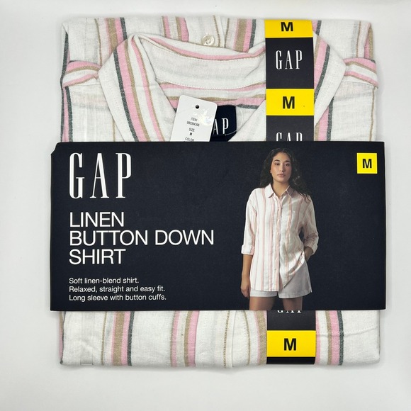 GAP Tops - GAP Womens Linen Button Down Shirt Multi Color Striped Relaxed Fit Size M NEW